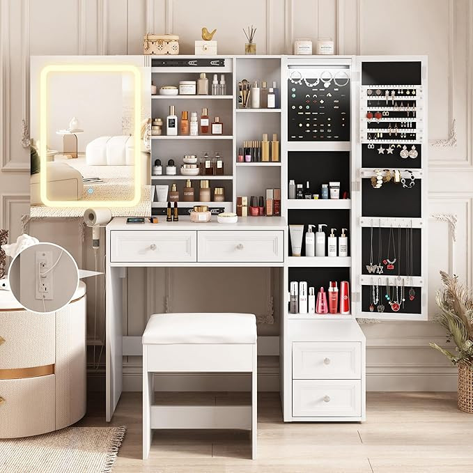 Makeup Vanity Desk with LED Lighted Sliding Mirror, Vanity Table with Jewelry Cabinet and 4 Drawe... | Amazon (US)