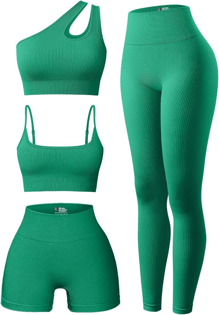 Women's 4 Piece Outfits Ribbed Exercise Scoop Neck Sports Bra One Shoulder Tops High Waist Shorts... | Amazon (US)