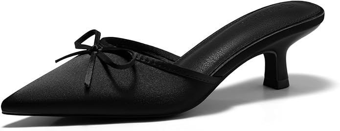 Coutgo Womens Kitten Heels Mules with Bow Satin Slip on Pumps Closed Pointed Toe Dress Wedding Pa... | Amazon (US)