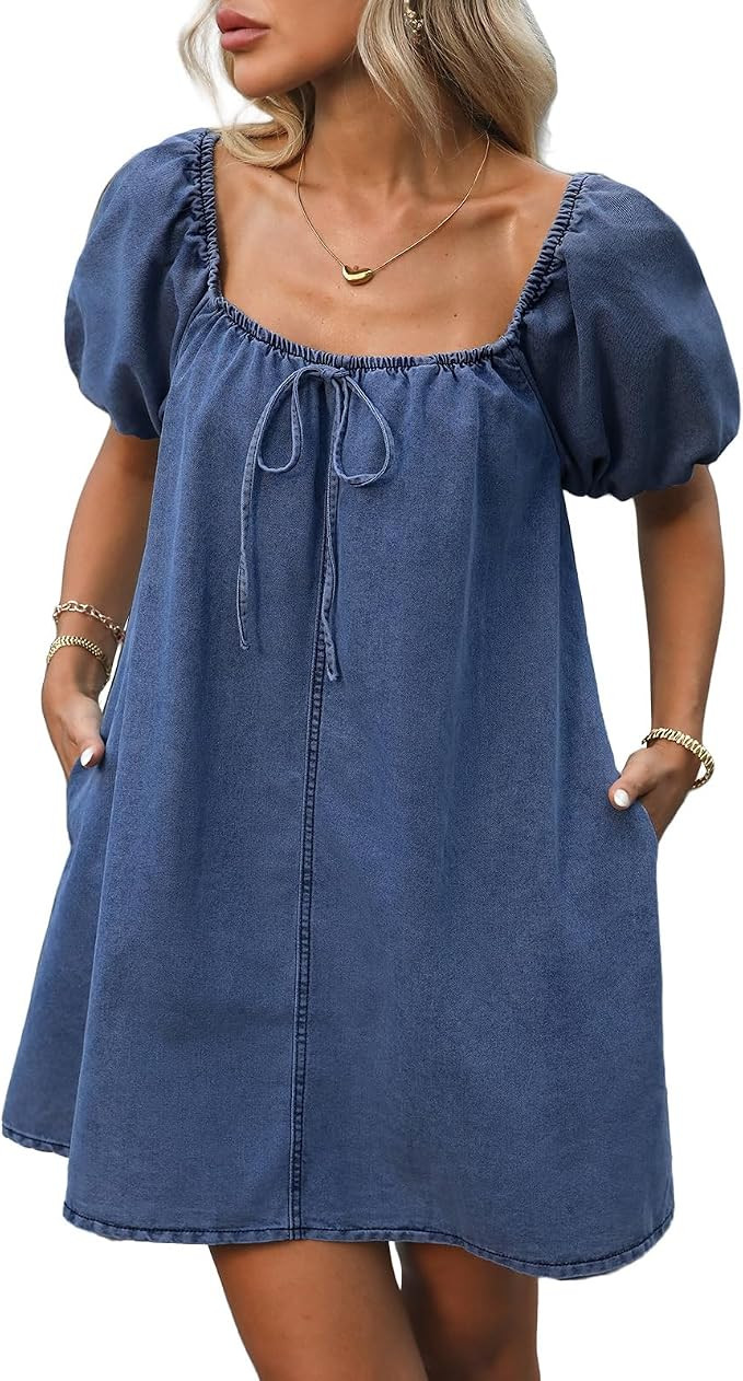 Women's Denim Mini Dress Puff Short Sleeve Square Neck Loose Jean Dresses with Pockets | Amazon (US)