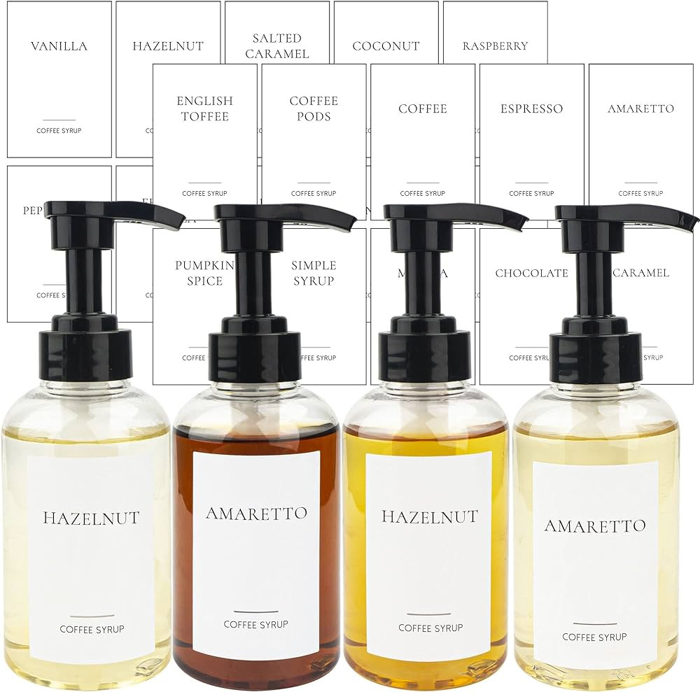 Set of 4 Coffee Syrup Dispenser Bottle 300ml PET Plastic Pump Bottles with Labels for Coffee Bar ... | Amazon (US)