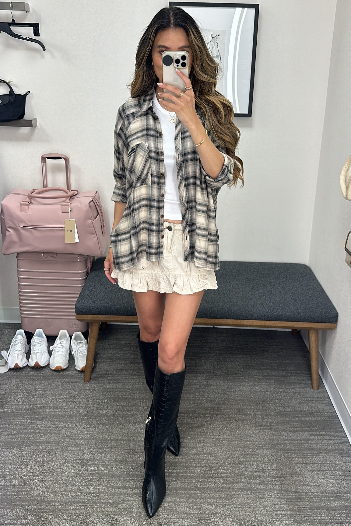 All of these pieces are under $40!  Wearing xs in the skirt, top and button down flannel and size 8 in the boots! Xo!

#LTKSummerSales #LTKxNSale #LTKShoeCrush