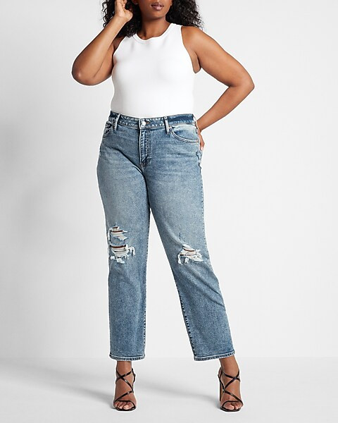 Mid Rise Medium Wash Ripped Boyfriend Jeans | Express