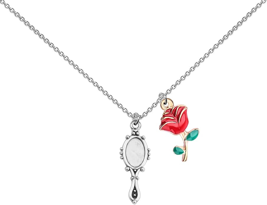 Beauty Beast Movies Gifts Mirror and Rose Charm Necklace Princess Belle Fans Jewelry Beauty Fairy... | Amazon (US)