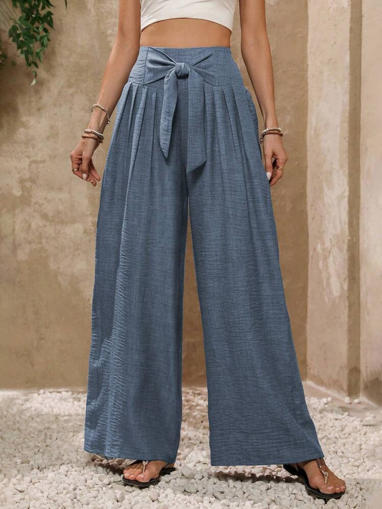 SHEIN LUNE Women's Solid Color Casual Belted Trousers For Everyday Wear | SHEIN