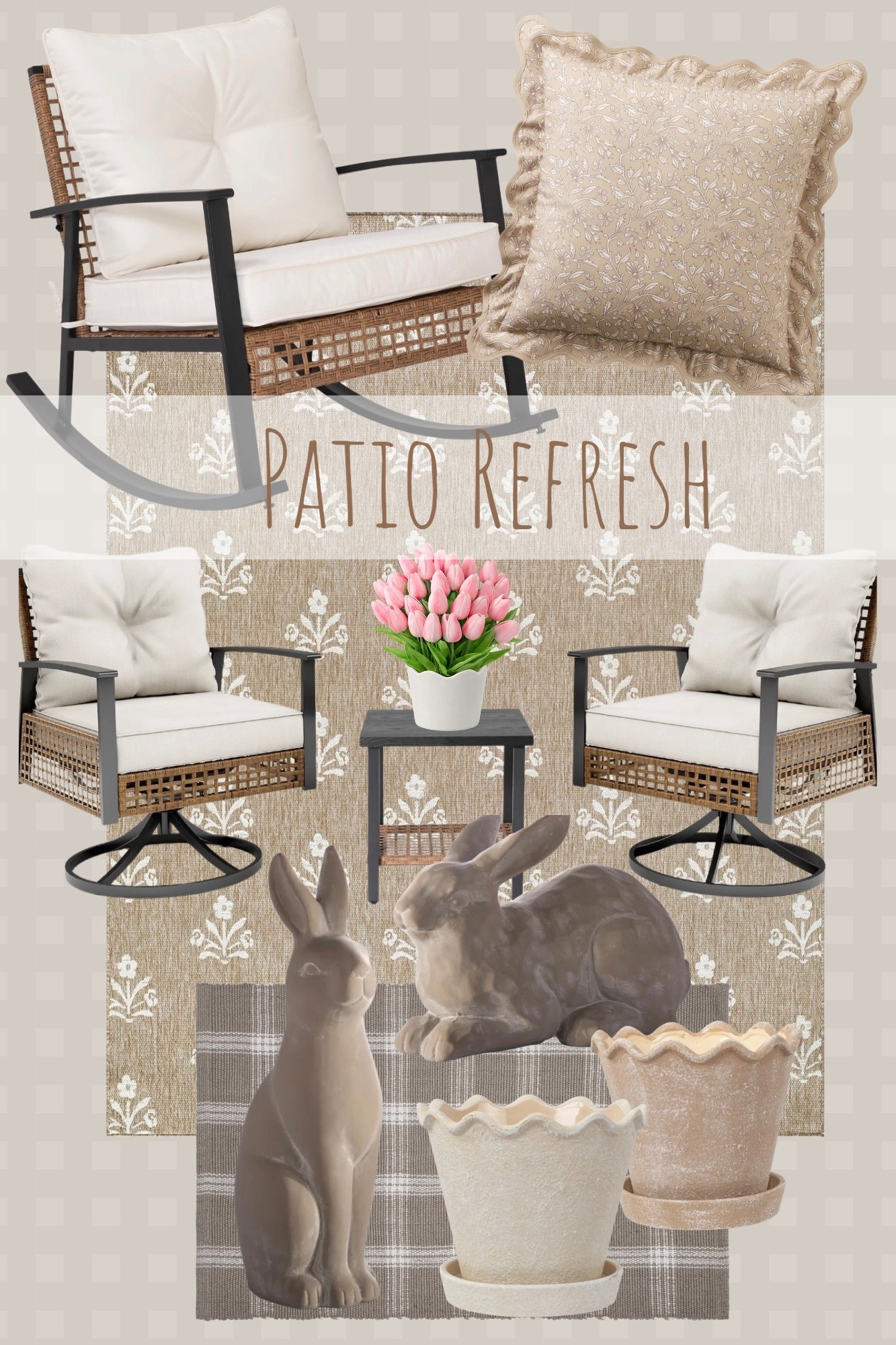 Spring patio refresh 🌷 Everything in this cozy outdoor setup is from Walmart —  scalloped planters and sweet bunny accents. Neutral textures + soft florals make the perfect little outdoor sitting spot for spring mornings or evening coffee.

Tap to shop all the pieces and recreate this look for less 🤎

#LTKHome #LTKSpring #WalmartFinds #WalmartHome #PatioDecor

#LTKHome