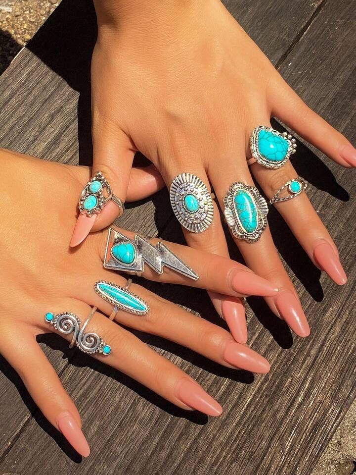 8pcs/Set Vintage & Bohemian Style Multi-Element Turquoise Inlaid Rings, Minimalist Hollow Out Cha... | SHEIN