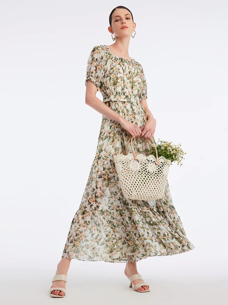 Silk Floral Print Maxi Dress | GOELIA