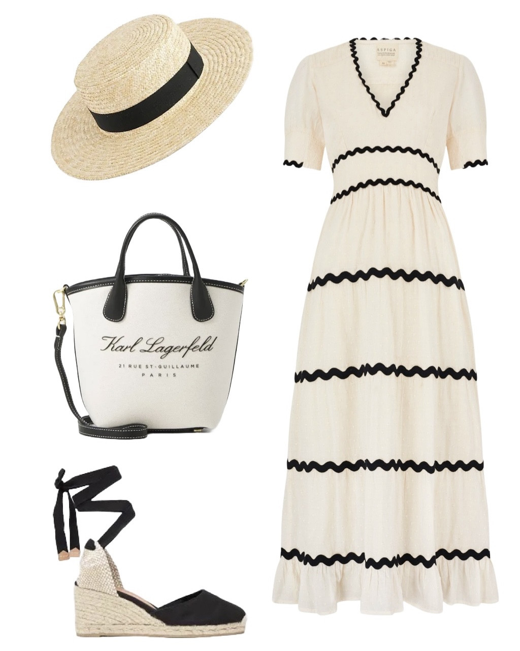 Even if you’re not jetting off to San Tropez this spring / summer - you might as well look as though you are! Channel sunshine chic is epitomised with the new in ‘Viola’ ivory dobby maxi dress, featuring short sleeves and black ric rac detailing by Aspiga. I just ordered this one with this 15% discount code valid until 30 April MVCEXC5VJRKXMV 🖤🤍🖤

Style this beautiful maxi dress with this classic Boutique Bonita straw boater hat with black ribbon from Selfridge’s, the Karl Lagerfeld small Hotel tote in ivory (see larger version on product list) and black espadrille wedges. 

You can see that if you wear regular court shoes instead and forget the hat, you’ll have a stunning date night look too. I’ve also added the perfect earrings by Soru from Harvey Nichols and other styling ideas including Chanel sunglasses! 

#LTKsummer #LTKluxury #LTKdresses