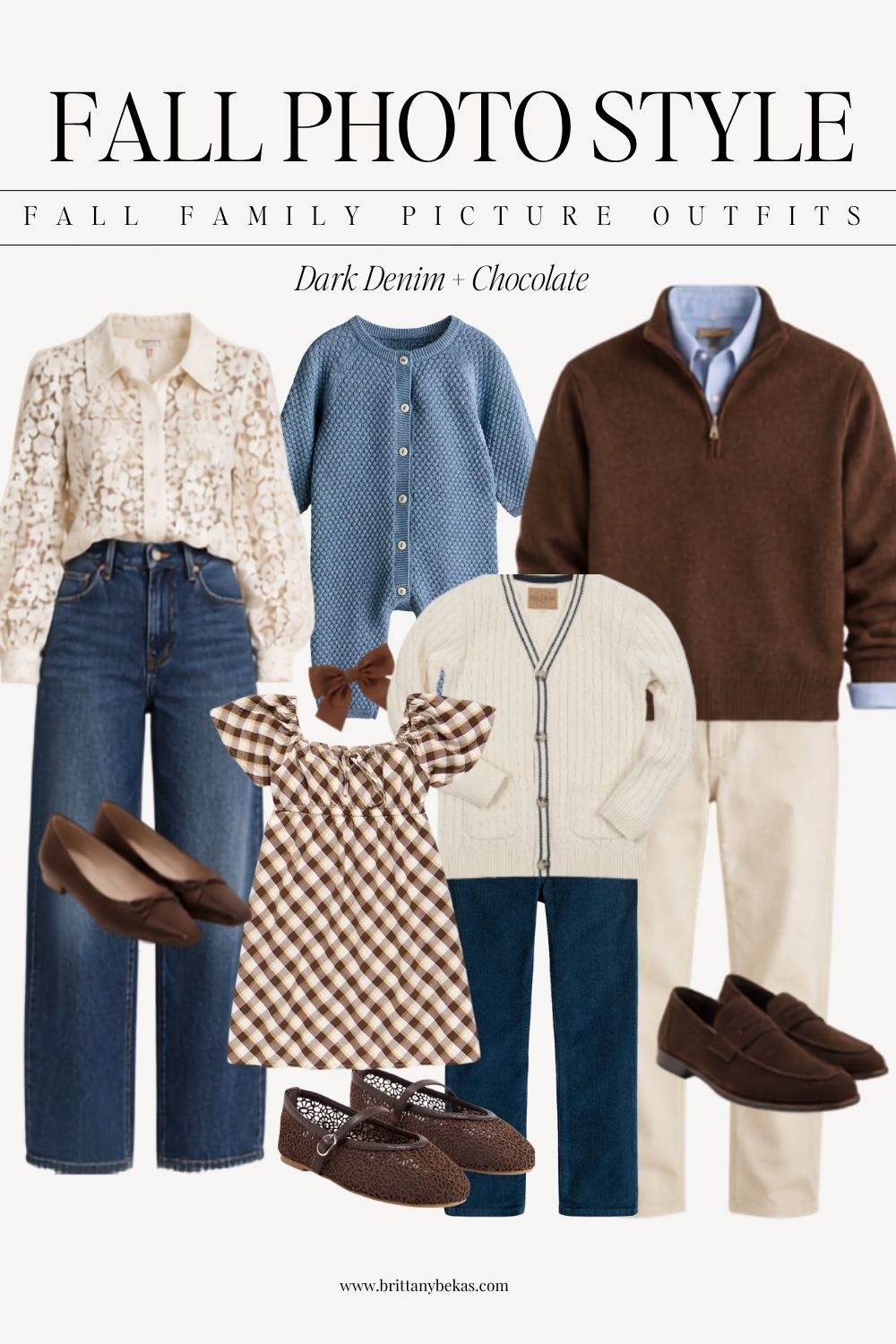 Dark denim, chocolate brown, cream and soft blue make a beautiful fall family photo color palette. The denim keeps it relaxed while the brown and ivory pieces make it feel polished and seasonal. Great for families who want fall colors without going too warm or rustic.