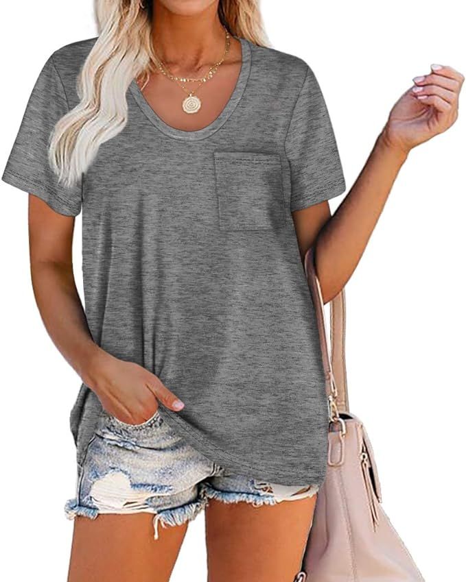 WIHOLL Women Summer T Shirts Short Sleeve Rounded V Neck Pocket Tee Tops | Amazon (US)