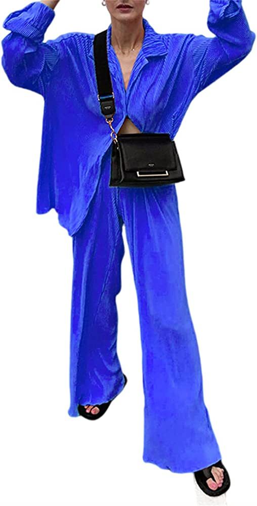 Womens Casual 2 Piece Outfits - Long Sleeve Button Blouse Top Wide Leg Loose Streetwear Loungewear | Amazon (US)