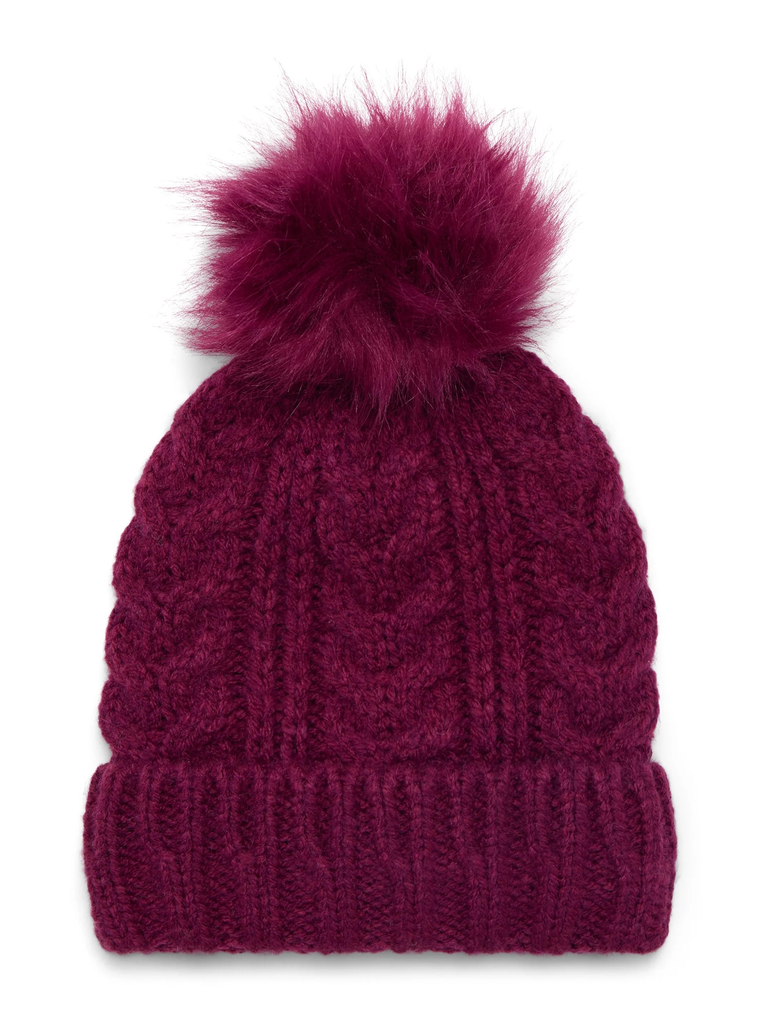 Time and Tru Women's Cable Pom Cuff Beanie, One Size Fits Most, Wine | Walmart (US)