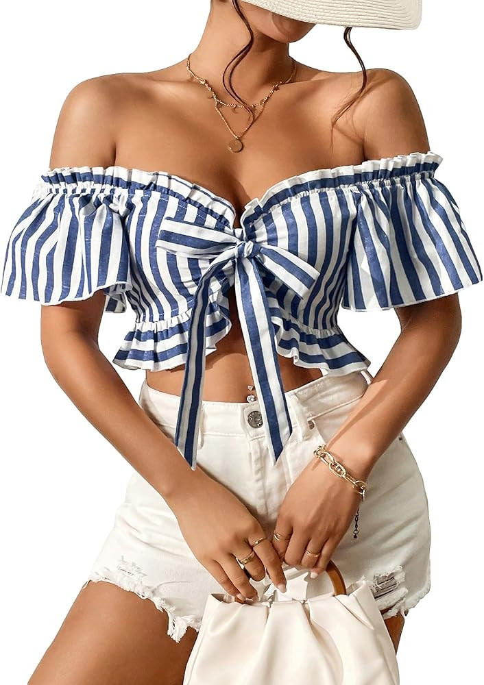 WDIRARA Women's Striped Off The Shoulder Blouse Bow Tie Ruffle Trim Short Sleeve Crop Tops | Amazon (US)