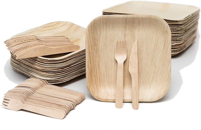 Bamboo Plates with Cutlery - Set of 50 Plates (8in) + 50 Forks + 50 Knives | Biodegradable Palm L... | Amazon (US)