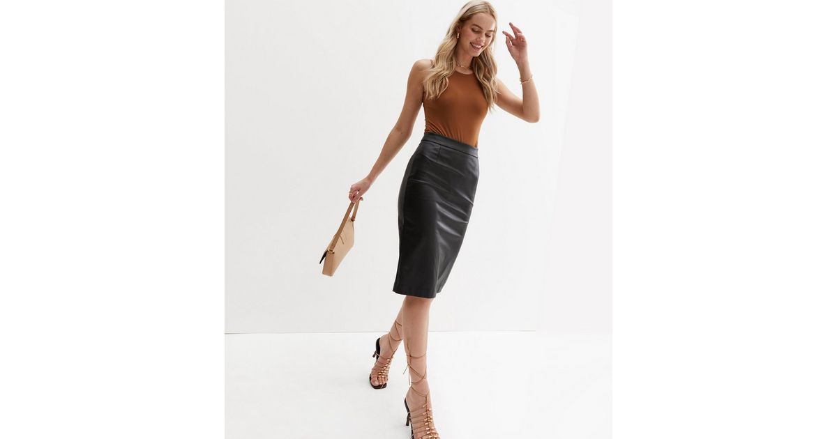 Black Leather-Look Midi Pencil Skirt | New Look | New Look (UK)