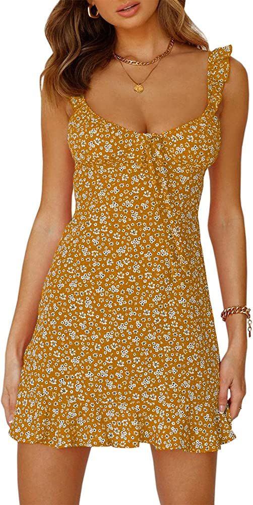 Women Floral Mini Dress Sexy V Neck Ruffle Flutter Sleeve Polka Dot Summer Dresses | Amazon (US)