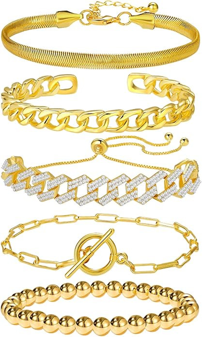 YEEZII 5 Pcs Chain Link Bracelet for Women,14K Gold Plated Dainty Adjustable Cuban Paperclip Bead... | Amazon (US)