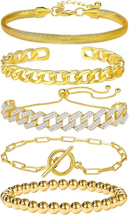 YEEZII 5 Pcs Chain Link Bracelet for Women,14K Gold Plated Dainty Adjustable Cuban Paperclip Bead... | Amazon (US)