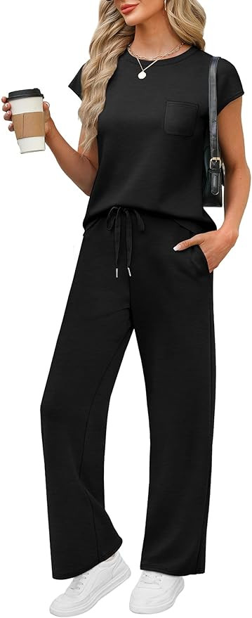 WIHOLL 2 Piece Sets for Women Casual Summer Travel Vacation Outfits Cap Sleeve Lounge Set | Amazon (US)