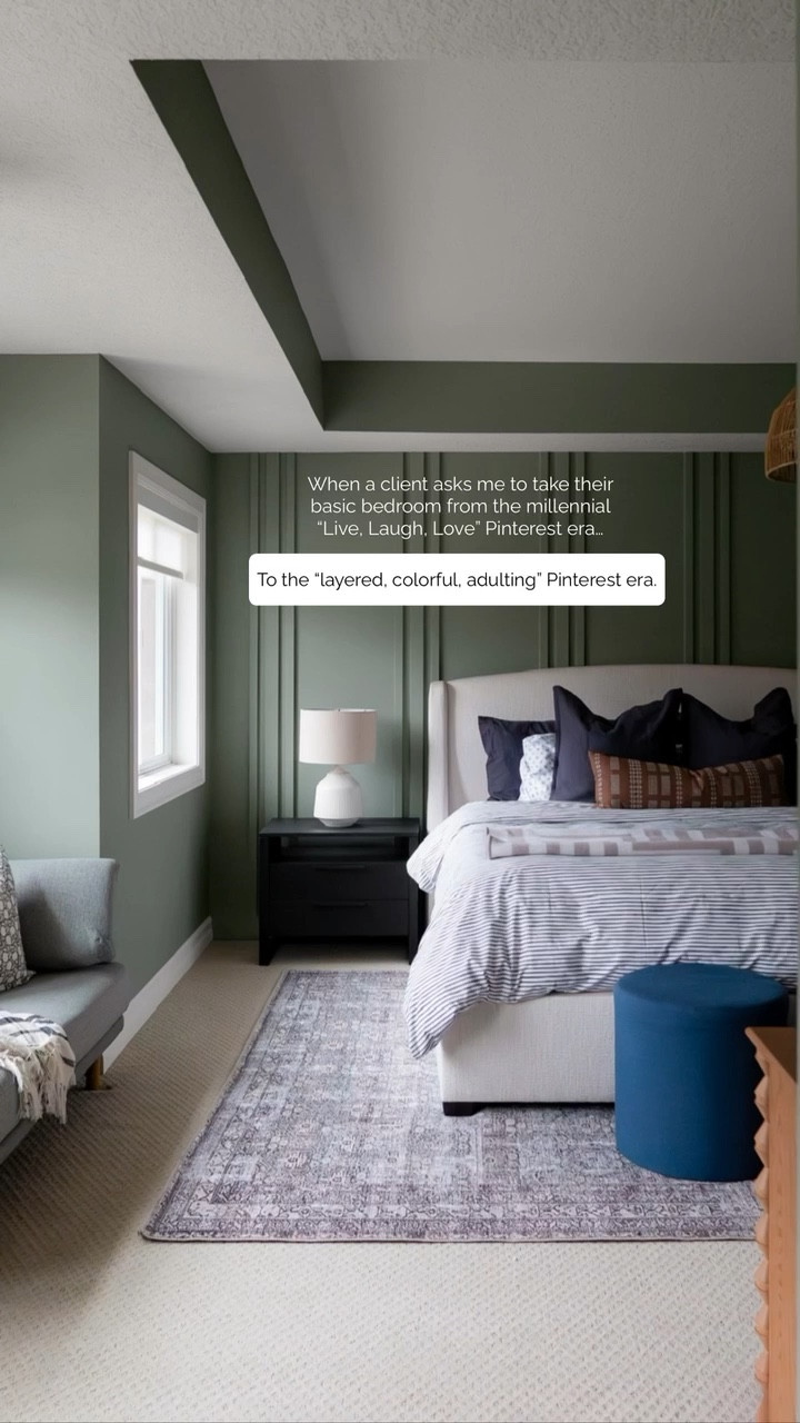 Primary bedroom refresh inspiration! From the millennial greige era to the colorful and cozy era, complete with a reading nook. The nightstands are the 28” option with the charging component! Wall color is Acacia Haze by Sherwin Williams.

#LTKHome #LTKSaleAlert #LTKFindsUnder100