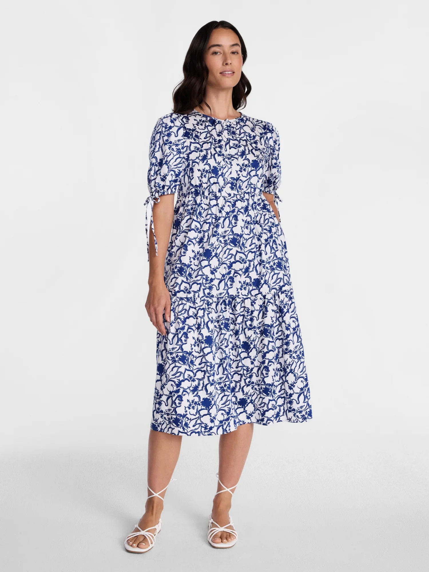 Time and Tru Women's Tiered Midi Dress with Tie Puff Sleeves, Sizes XS-XXXL | Walmart (US)