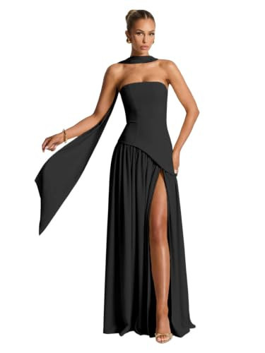 Povjig Strapless Black Bridesmaid Dresses for Women with Slit Scarf Pleated Chiffon Long Formal Plus Size Formal Dress 18W | Amazon (US)