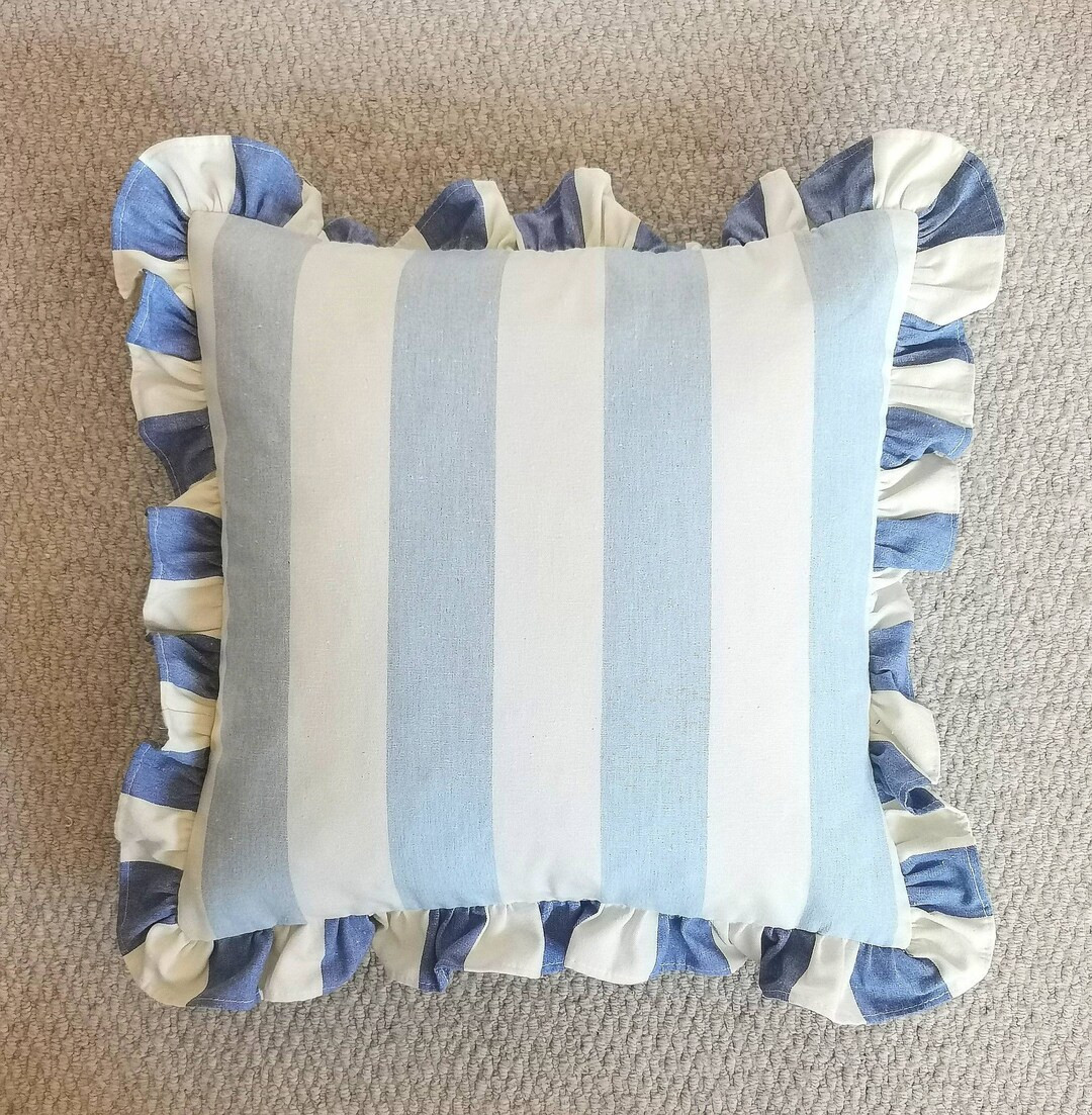 Beautiful Blues Mid and Pale Blue Designer Cushion Cover With Ian Mankin Devon Stripe Cotton Hand... | Etsy (US)