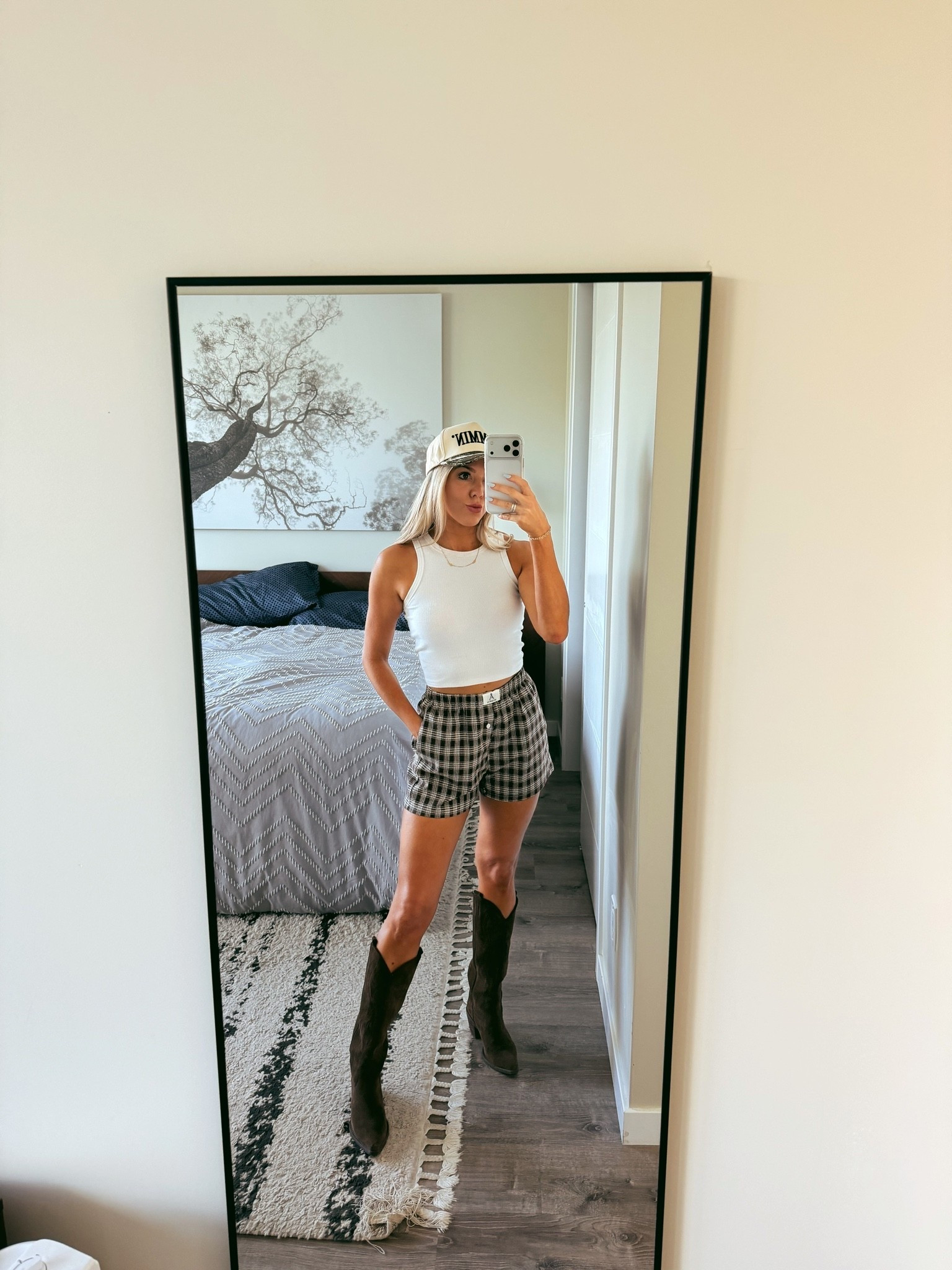 Loving this Amazon fit! These little boxer shorts are so cute paired with a white tank and this Mommin camo baseball cap. Also added some brown cowboy boots

#LTKgrwm #LTKootd #LTKmomlife