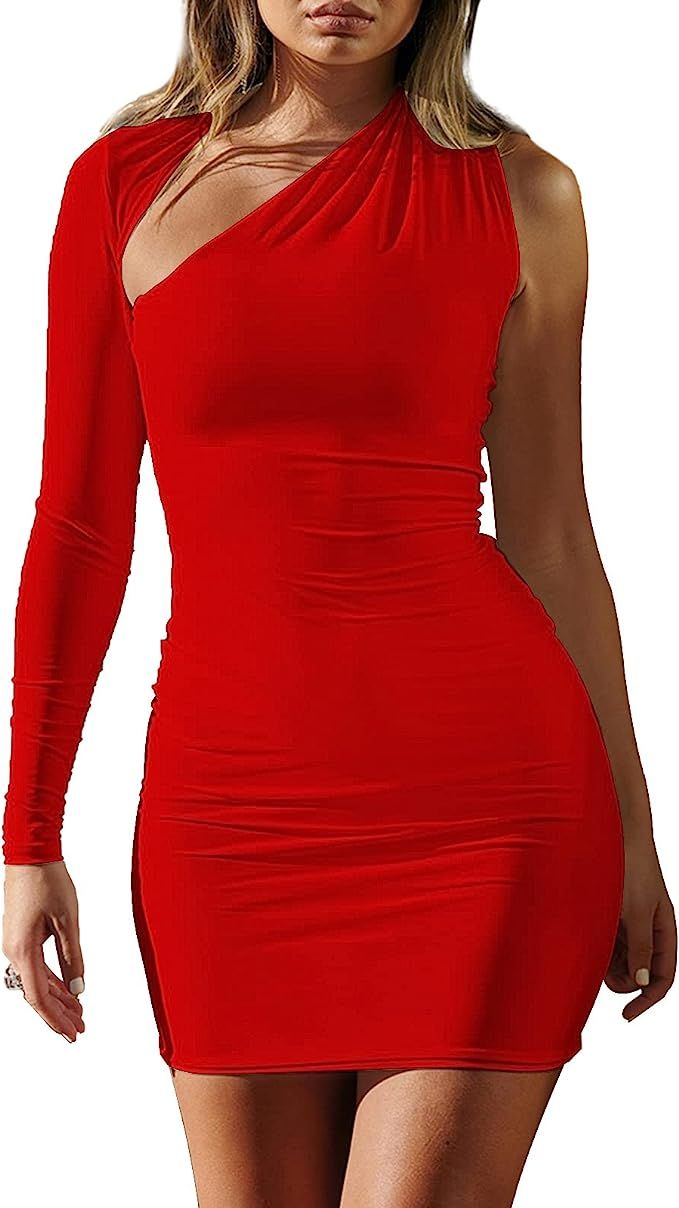 Halfword Womens One Shoulder Mini Dress Long Sleeve Cutout Backless Sexy Bodycon Slim Party Night... | Amazon (US)