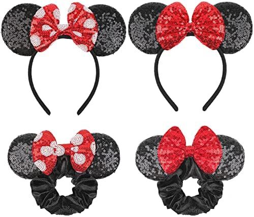 2 Pcs Mickey Mouse Ears Headbands and 2 Pcs Minnie Mouse Ears Scrunchies with Bow Hair Accessorie... | Amazon (US)