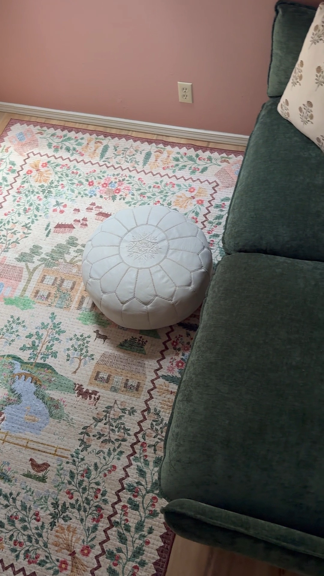 A Birds Eye view of the new rug, comfy cloud small sofa, leather pouf, and media console in our playroom.

#LTKKids #LTKHome #LTKSaleAlert
