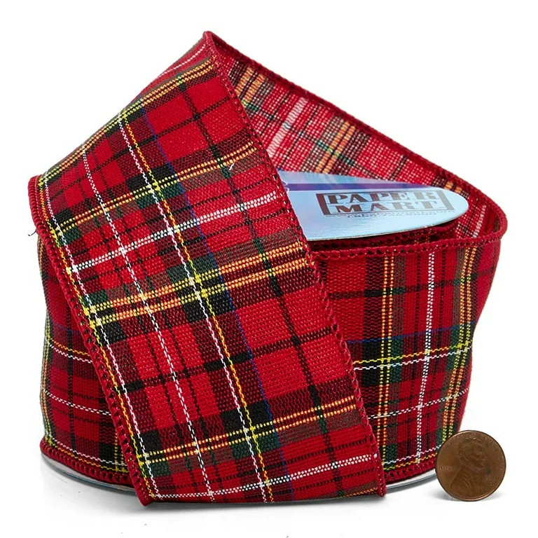2 1/2" X 10 Yards Red/Yellow Tartan Plaid Fbrc Wired Ribbon Christmas by Paper Mart - Walmart.com | Walmart (US)