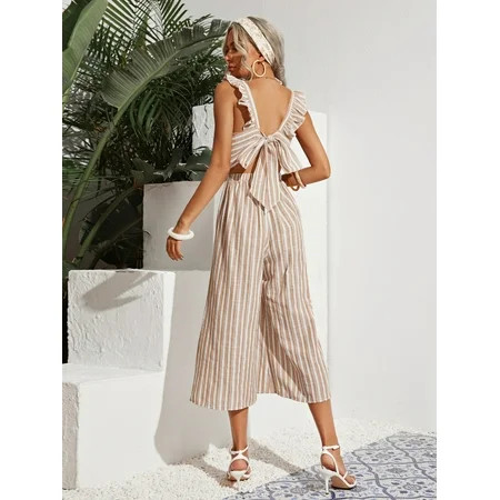 Khaki Boho Women s Ruffle Armhole Tie Back Striped Jumpsuit S(4) Y22016D-5 | Walmart (US)