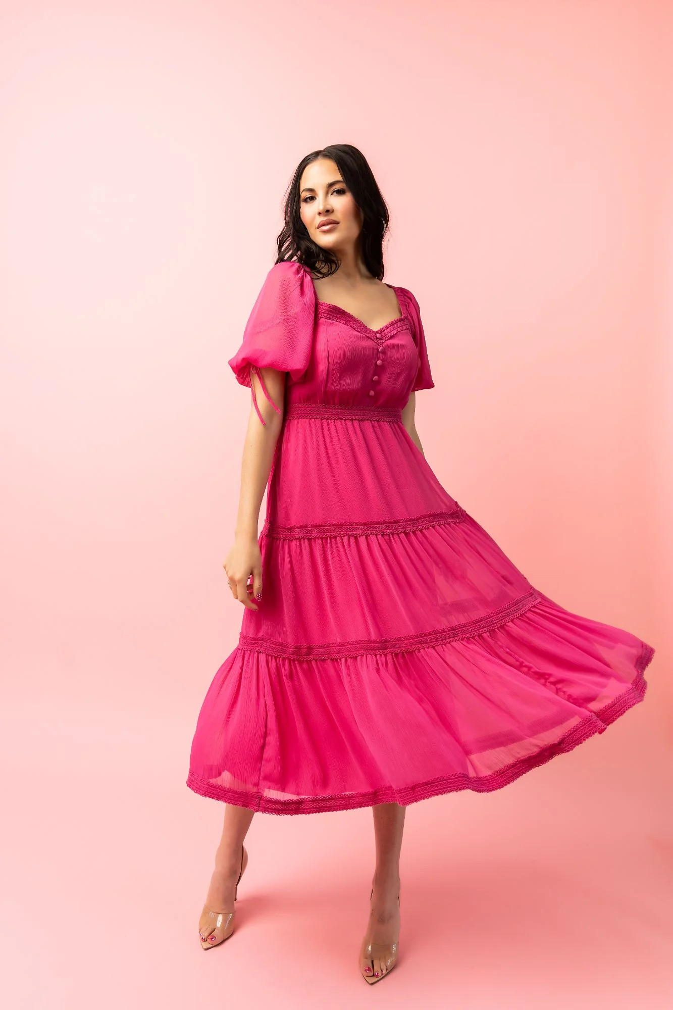 Puff Sleeve Tiered Chiffon Midi Dress - Magenta | Rachel Parcell