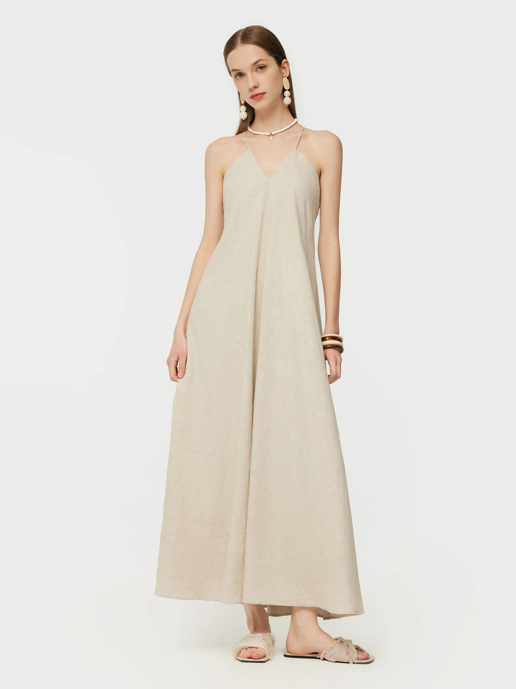100% Linen Women Backless Strap Maxi Dress - Cream / M | GOELIA