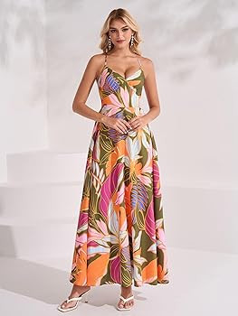 Women Floral Maxi Dress Casual V Neck Spaghetti Strap Lace Up Smocked A Line Boho Vacation Dresse... | Amazon (US)