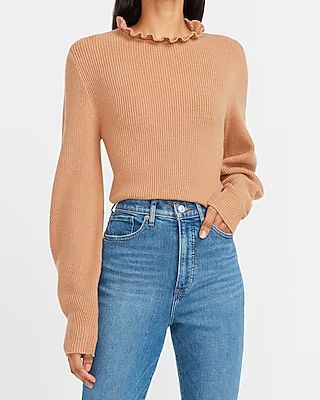 Ribbed Ruffle Neck Balloon Sleeve Sweater | Express