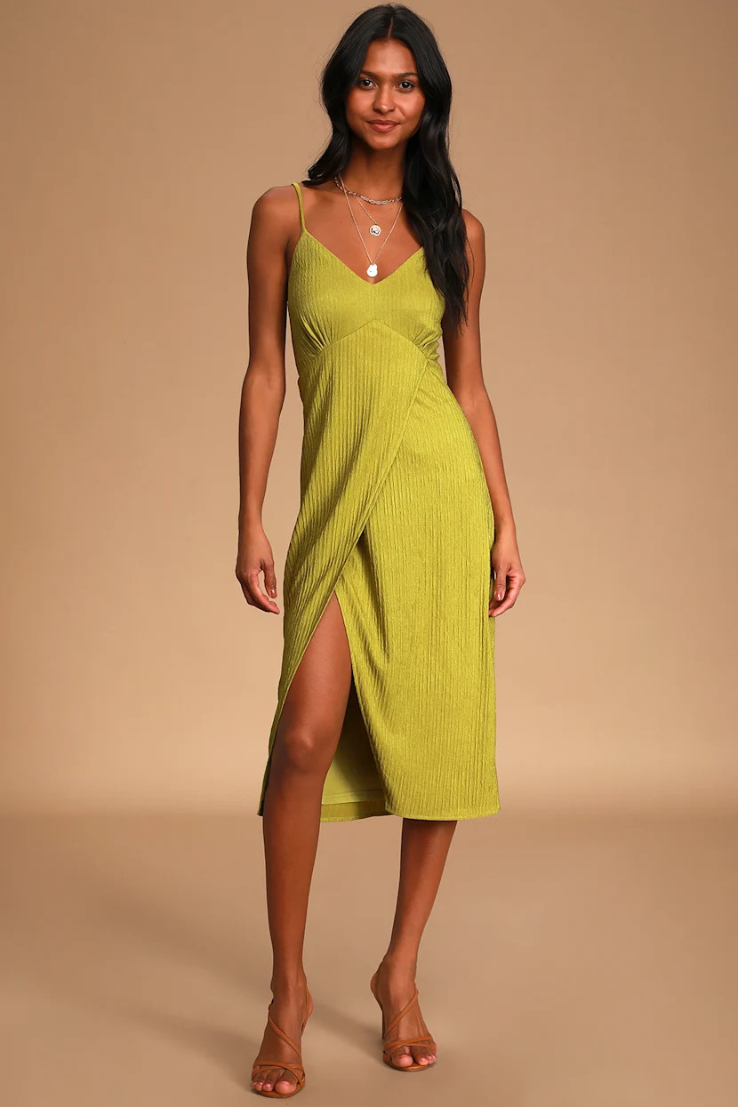 View and I Chartreuse Tie-Back Faux-Wrap Midi Dress | Lulus