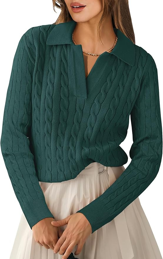 ANRABESS Womens Cable Knit Sweaters Long Sleeve V Neck Sweater Tops Casual Pullover Polo Shirts 2... | Amazon (US)