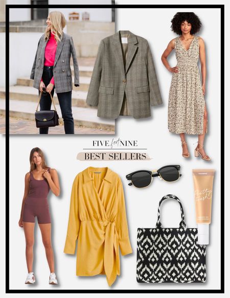 Februarys best sellers, check blazer, floral midi dress, collared dress, Amazon sunglasses, tinted moisturizer, woven tote bag 

#LTKunder100
