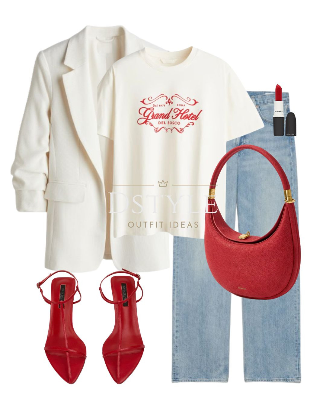 Cream gathered-sleeve jacket/ blazer, white/red t-shirt, light blue baggy jeans, red bag, red sandals 

 

#LTKStyleTip #LTKShoeCrush