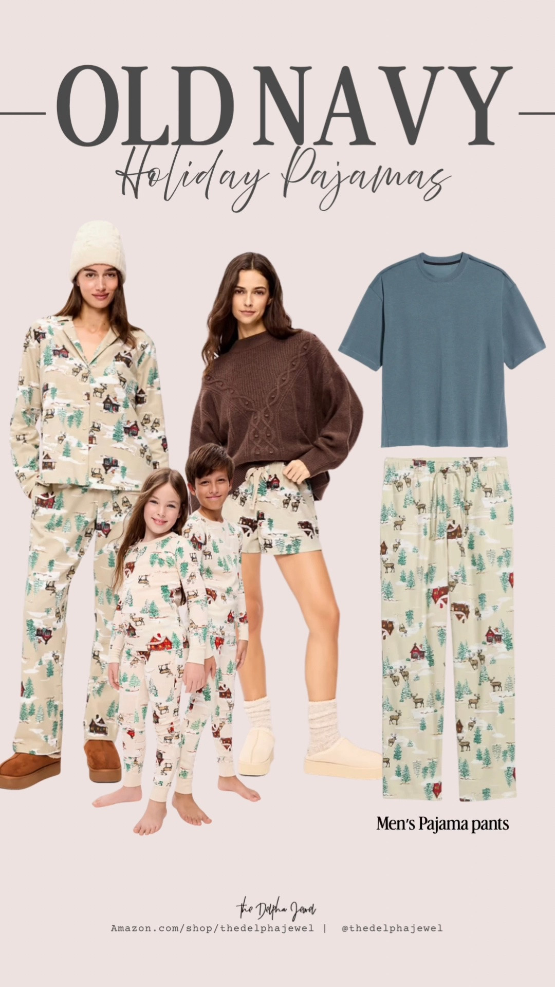 🎄 Old Navy Holiday Pajamas — the cozy cabin edition! This cream scenic print with reindeer, snow-covered cottages, and pine trees is giving winter cabin vibes. Matching sets for women, kids, and men's pajama pants (pair with any tee for an easy mix-and-match look). Soft flannel, perfect for slow mornings by the tree. 🦌🌲

I know it's early, but this print is always a top seller — grab it now before it sells out! 

Holiday pajamas, Christmas pajamas, family matching pajamas

#LTKSeasonal #LTKSaleAlert #LTKmomlife