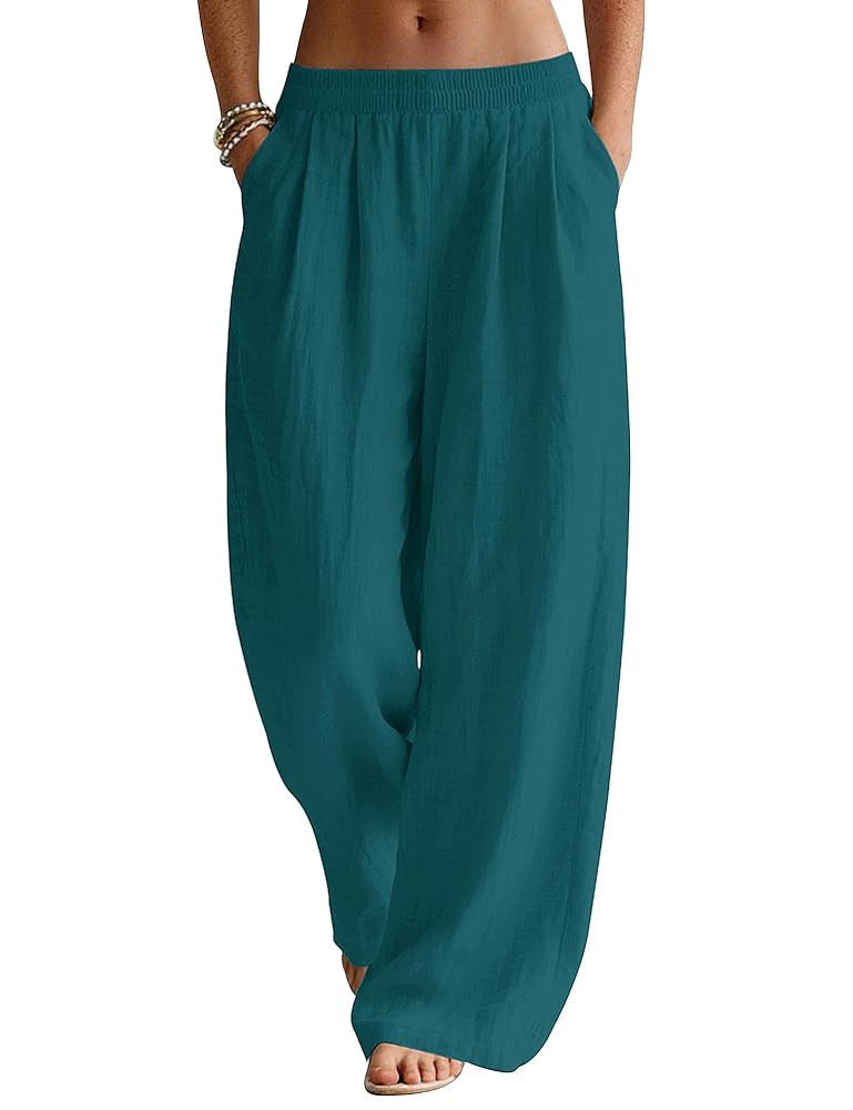 LOMON Linen Pants Women Wide Leg Palazzo Summer Flowy Pants Beach Vacation Clothes Elastic Waist ... | Amazon (US)