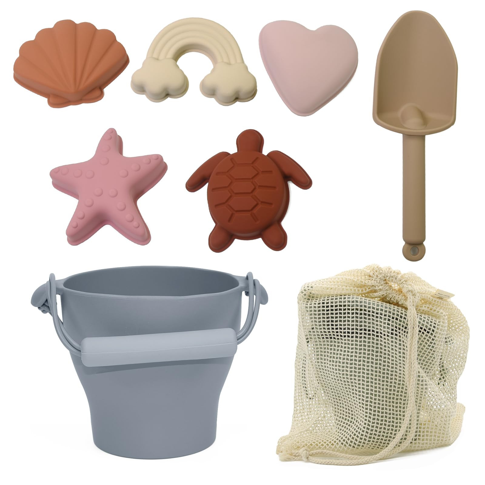 8Pcs Silicone Beach Toys for Kids 3-10, Sand Toys Including Bucket, Shovel, 5 Sand Molds, Beach B... | Amazon (US)