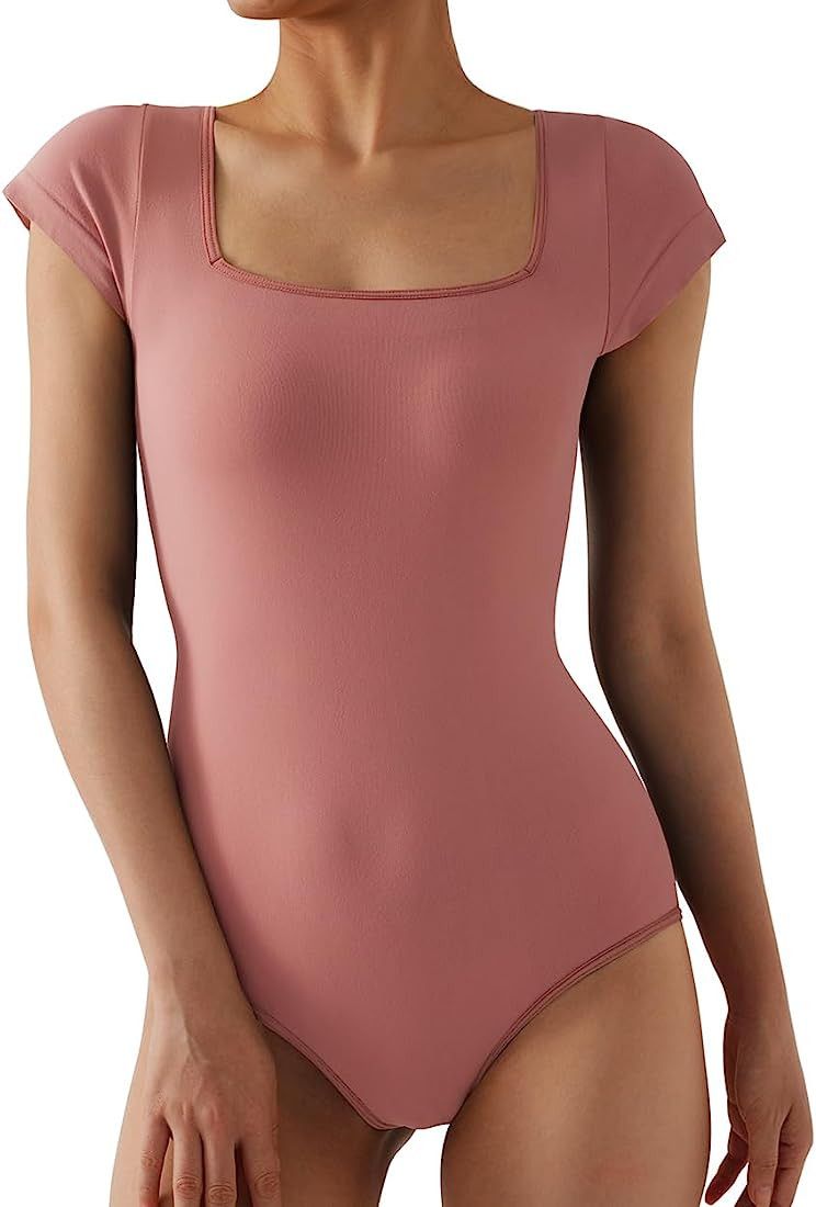 SUUKSESS Women Cap Sleeve Square Neck Bodysuit Seamless Short Sleeve Tops | Amazon (US)