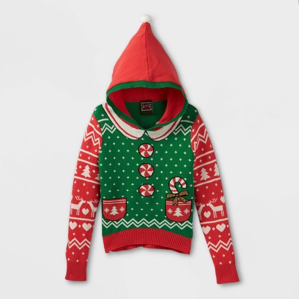 Kids' Traditional Hooded Ugly Pullover Sweater - Green | Target