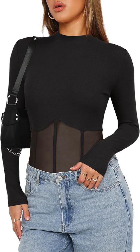 Darong Women Long Sleeve Bodysuit Crew Neck Mesh Sheer Panels Bodysuits Shirt Tops | Amazon (US)