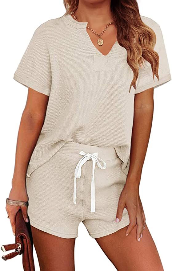 MEROKEETY Women's Long Sleeve Pajama Set Henley Knit Tops and Shorts Sleepwear Loungewear Lightgr... | Amazon (US)
