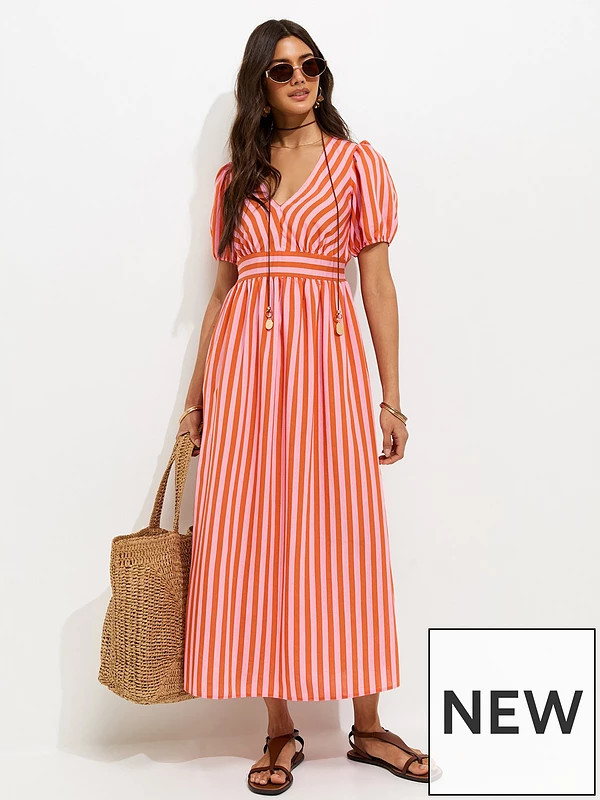 New Look Striped V-Neck Midi Dress - Pink/Orange | Very (UK)